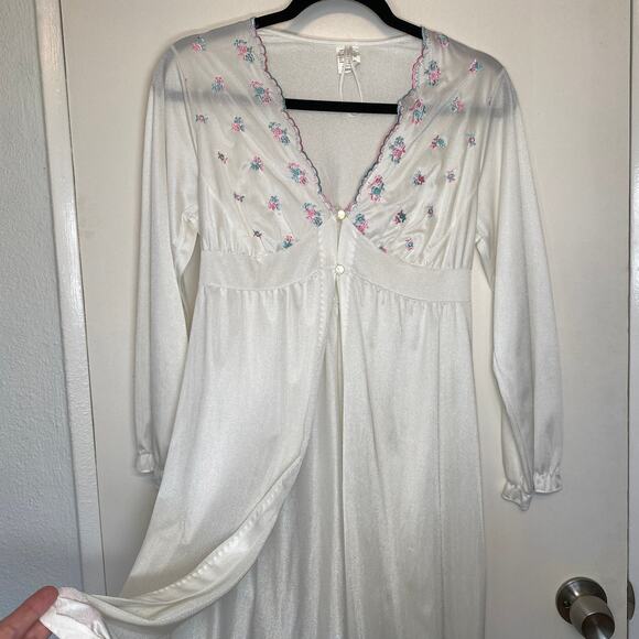 Vintage Cottage Prairie Maxi length Gown Slip Nightie Robe Embroidered Flower M - Picture 6 of 13